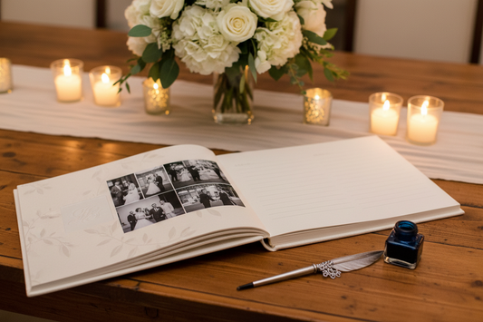 Custom photo wedding guest book open on a reception table ready for guests to sign
