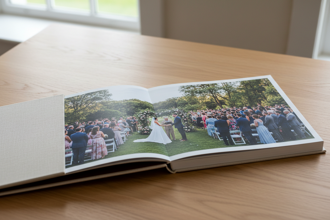 Premium lay-flat wedding album open to ceremony spread — a comparable alternative to Artifact Uprising wedding albums