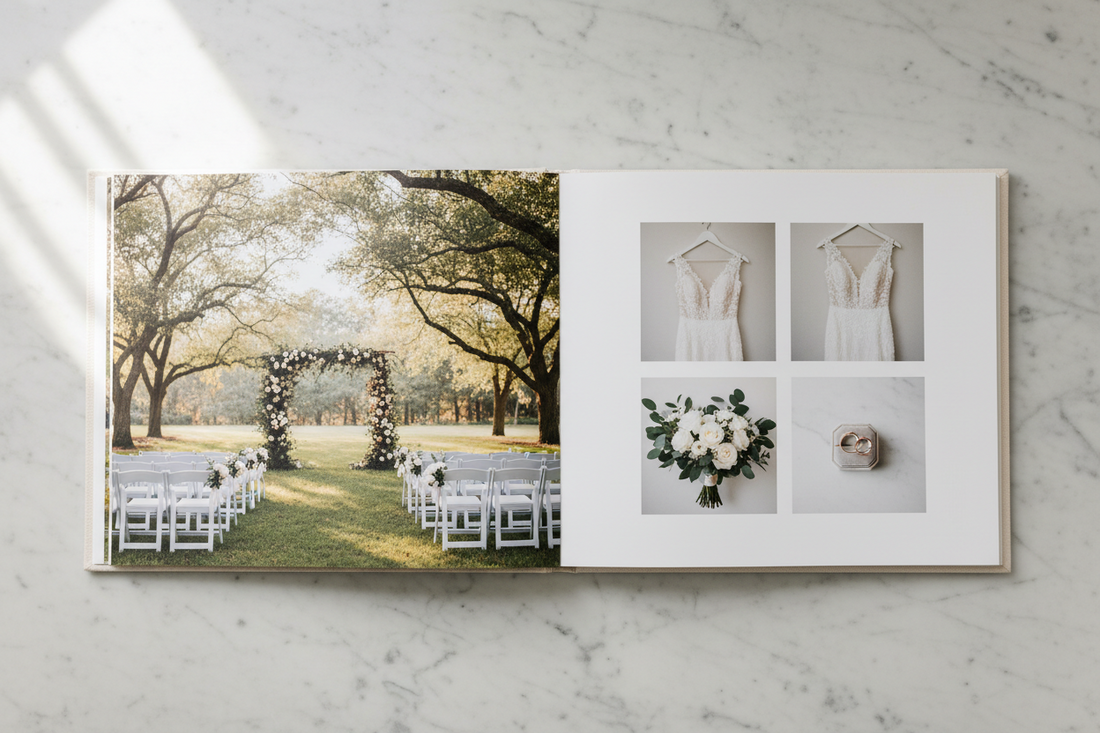 Open wedding album showing a beautifully designed two-page spread with ceremony and detail photos arranged by Claire Morgan