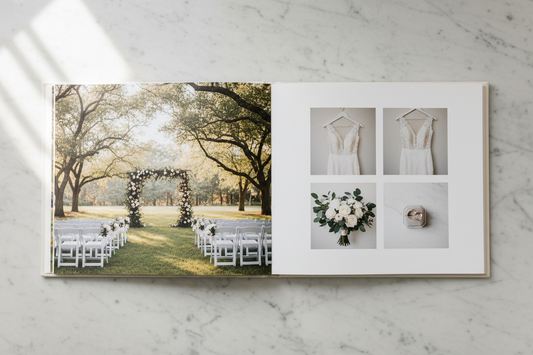 Open wedding album showing a beautifully designed two-page spread with ceremony and detail photos arranged by Claire Morgan