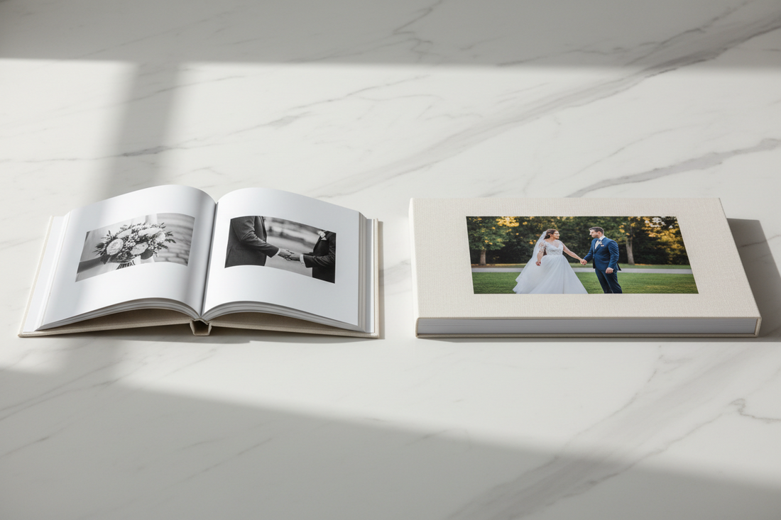Lay-flat wedding album open completely flat compared to standard hardcover binding showing slight gutter crease